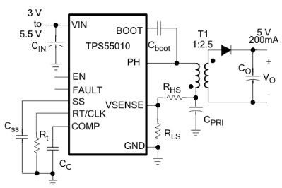 Schematic - Texas Instruments TPS55010 DC/DC Converter with Integrated FETs